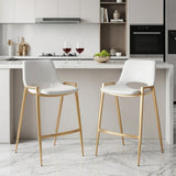 Set of Two 26" White And Gold Faux Leather And Fabric And Steel Low Back Counter Height Bar Chairs