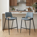 Set of Two 26" Blue And Black Faux Leather And Fabric And Steel Low Back Counter Height Bar Chairs