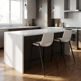 Set of Two 26" White And Black Faux Leather And Fabric And Steel Low Back Counter Height Bar Chairs
