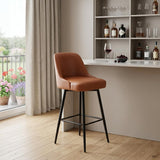 30" Brown And Black Faux Leather And Fabric And Steel Bar Height Swivel Bar Chair