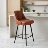 26" Brown And Black Faux Leather And Fabric And Steel Counter Height Swivel Bar Chair