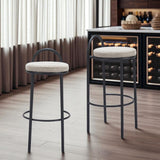 Set of Two 30" Beige And Black Chenille And Steel Low Back Bar Height Bar Chairs
