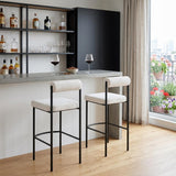 Set of Two 30" Ivory And Black Shearling And Fabric And Steel Low Back Bar Height Bar Chairs