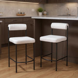 Set of Two 26" Ivory And Black Faux Shearling And Steel Low Back Counter Height Bar Chairs