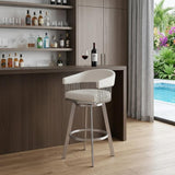 31" White And Silver Faux Leather And Fabric And Steel Low Back Bar Height Swivel Bar Chair