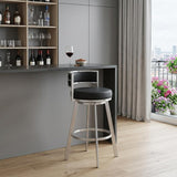 31" Black And Silver Faux Leather And Fabric And Steel Low Back Bar Height Swivel Bar Chair