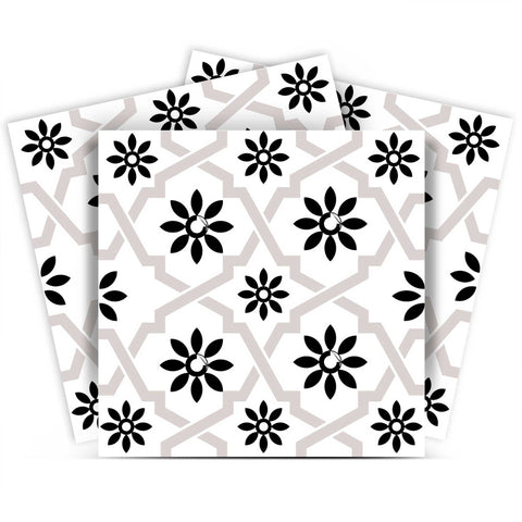 12" X 12" Black and White Lil Daisy Peel and Stick Removable Tiles