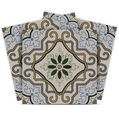 12" X 12" Taupe and Blue Scroll Peel and Stick Tiles