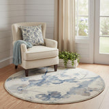 4' Ivory And Blue Floral Non Skid Round Rug
