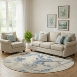 8' Ivory And Blue Floral Non Skid Round Rug