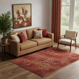 5' X 7' Red And Green Floral Non Skid Area Rug