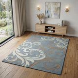 4' X 6' Ivory Slate Blue and Taupe Floral Area Rug