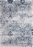 4' X 6' Navy Blue and Ivory Damask Distressed Area Rug