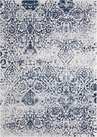 4' X 6' Navy Blue and Ivory Damask Distressed Area Rug
