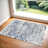 2' X 4' Navy Blue and Ivory Damask Distressed Area Rug