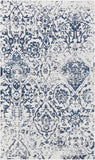 2' X 4' Navy Blue and Ivory Damask Distressed Area Rug