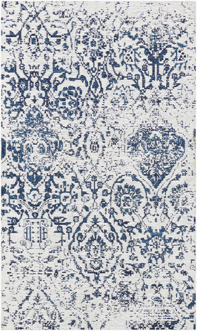2' X 4' Navy Blue and Ivory Damask Distressed Area Rug