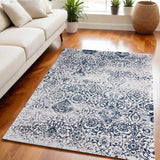 5' X 7' Navy Blue and Ivory Damask Distressed Area Rug