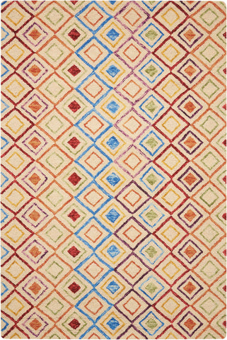 4' X 6' Ivory Blue And Red Wool Geometric Hand Tufted Area Rug