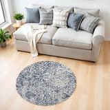4' Navy Blue and Ivory Damask Distressed Round Rug