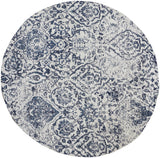 4' Navy Blue and Ivory Damask Distressed Round Rug
