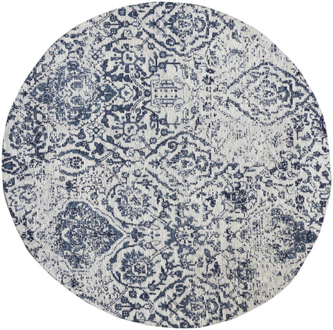 4' Navy Blue and Ivory Damask Distressed Round Rug