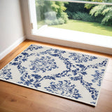 2' X 3' Ivory and Navy Blue Damask Distressed Area Rug
