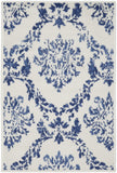 2' X 3' Ivory and Navy Blue Damask Distressed Area Rug