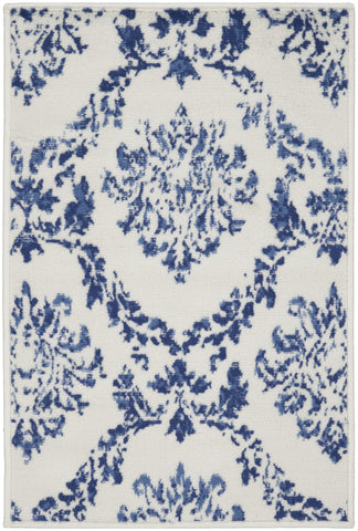2' X 3' Ivory and Navy Blue Damask Distressed Area Rug