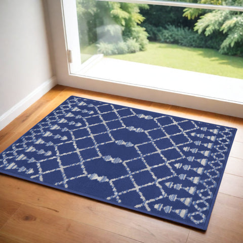 2' X 3' Navy Blue and Ivory Geometric Area Rug