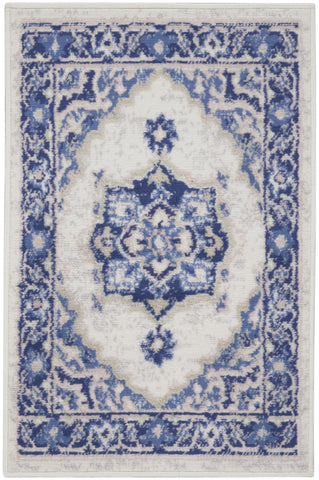 2' X 3' Blue and Ivory Floral Medallion Area Rug