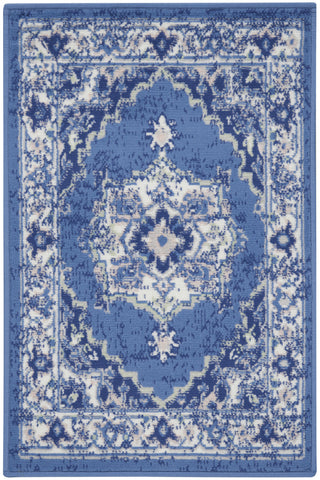 2' X 3' Ivory Navy Blue and Beige Floral Medallion Area Rug