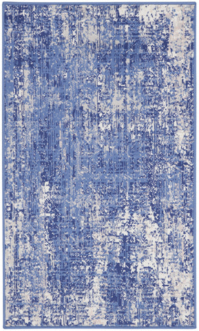 3' X 5' Ivory and Blue Abstract Distressed Area Rug