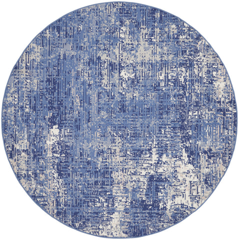 5' Ivory and Blue Abstract Distressed Round Rug