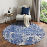 5' Ivory and Blue Abstract Distressed Round Rug