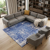 7' X 10' Ivory and Blue Abstract Distressed Area Rug