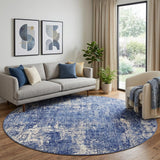 8' Ivory and Blue Abstract Distressed Round Rug