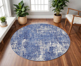 8' Ivory and Blue Abstract Distressed Round Rug