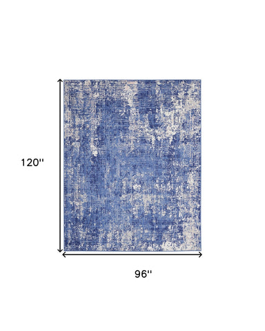 8' X 10' Ivory and Blue Abstract Distressed Area Rug