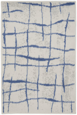 2' X 3' Ivory and Blue Abstract Distressed Area Rug