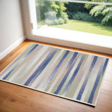 2' X 3' Ivory Tan and Blue Striped Area Rug