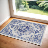 2' X 3' Ivory Blue and Gray Floral Medallion Area Rug