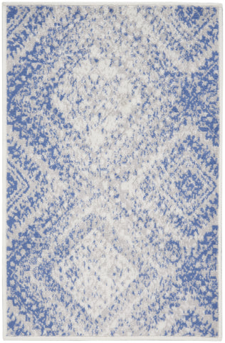 2' X 3' Ivory and Blue Geometric Distressed Area Rug