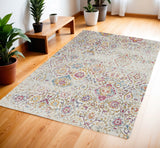 4' X 6' Ivory Red and Blue Damask Distressed Area Rug