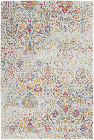 4' X 6' Ivory Red and Blue Damask Distressed Area Rug