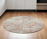 6' Ivory Red and Blue Damask Distressed Round Rug