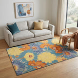 5' X 7' Blue Orange And Yellow Floral Area Rug