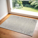 2' X 3' Ivory and Gray Damask Distressed Non Skid Area Rug