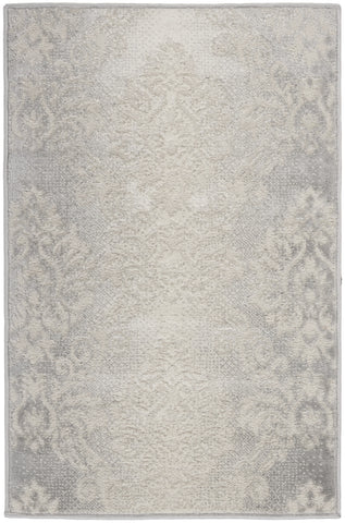 2' X 3' Ivory and Gray Damask Distressed Non Skid Area Rug