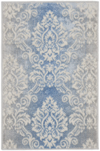 2' X 3' Ivory and Blue Damask Distressed Non Skid Area Rug